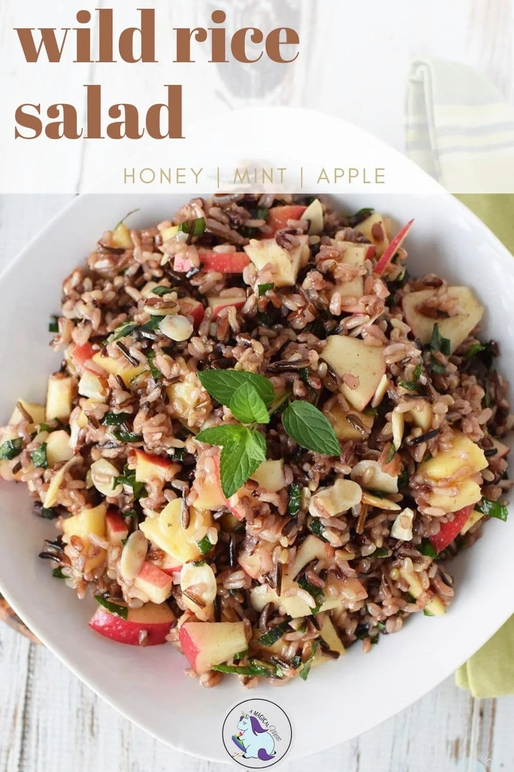 overhead shot of wild rice salad with apples and mint