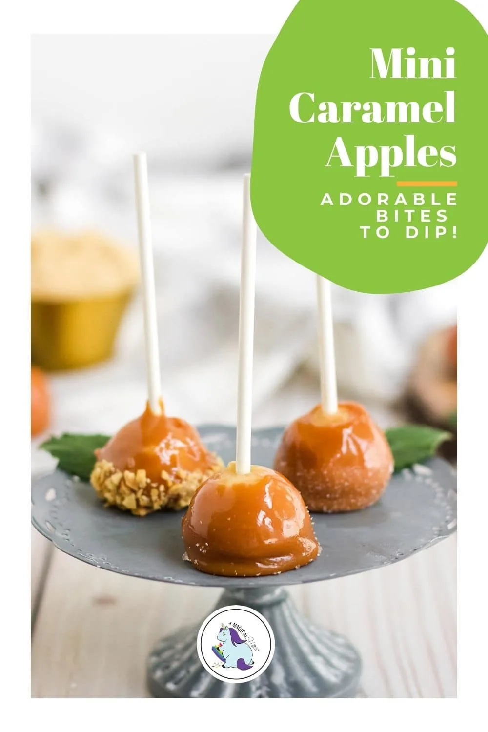 mini candy apples with sticks on a stand