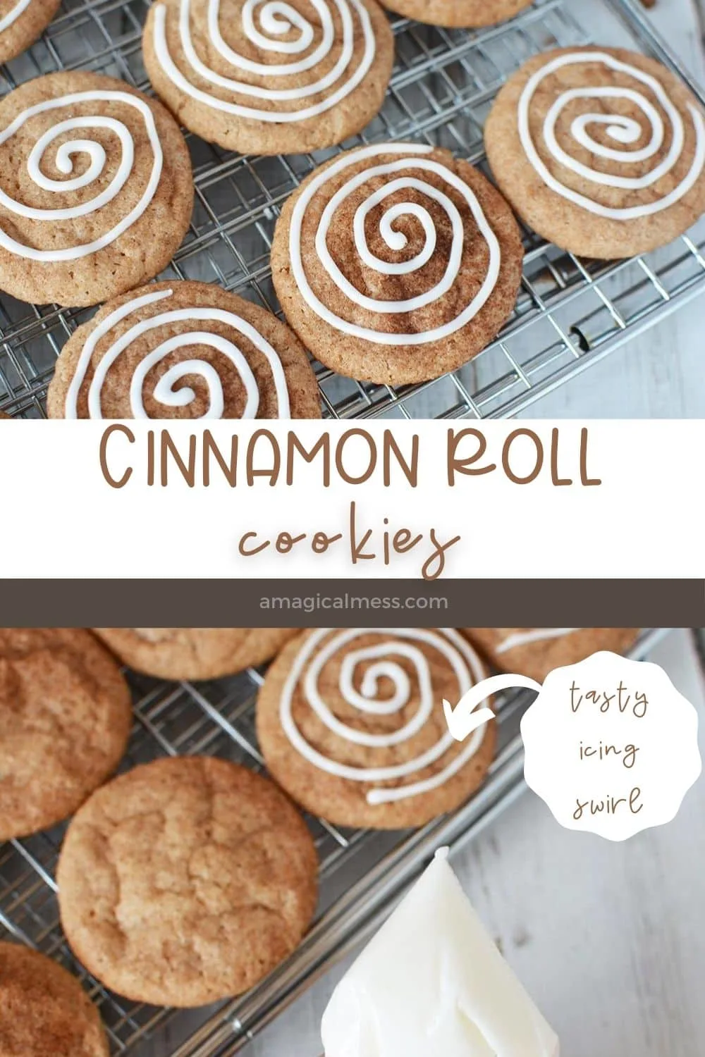 cinnamon roll cookies on a rack