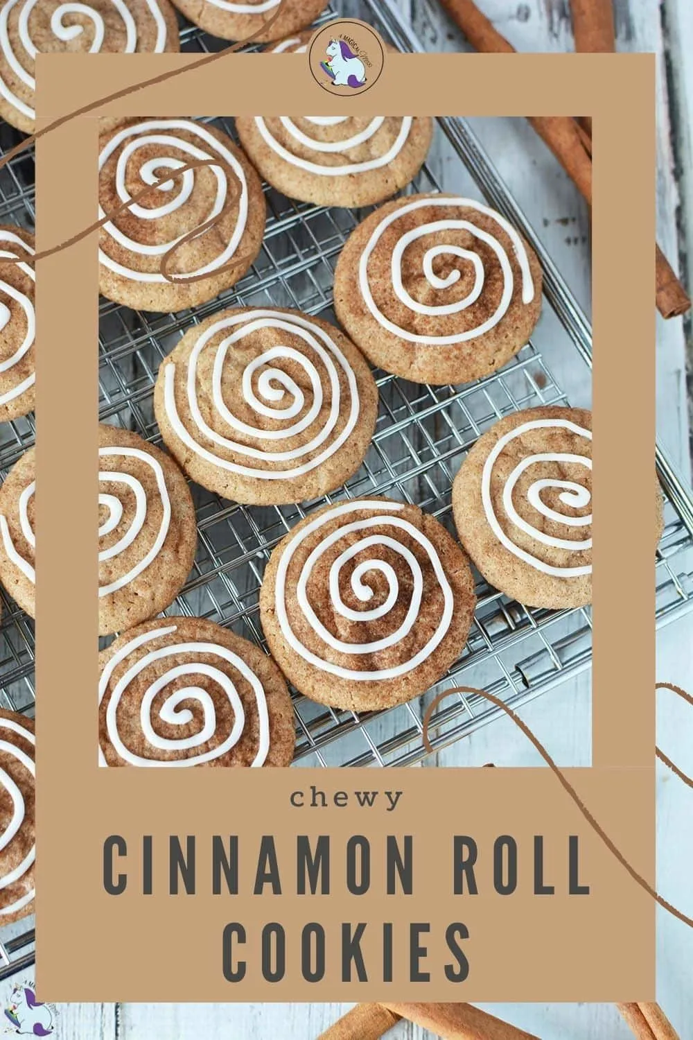 cinnamon cookies with icing swirl on a cooling rack