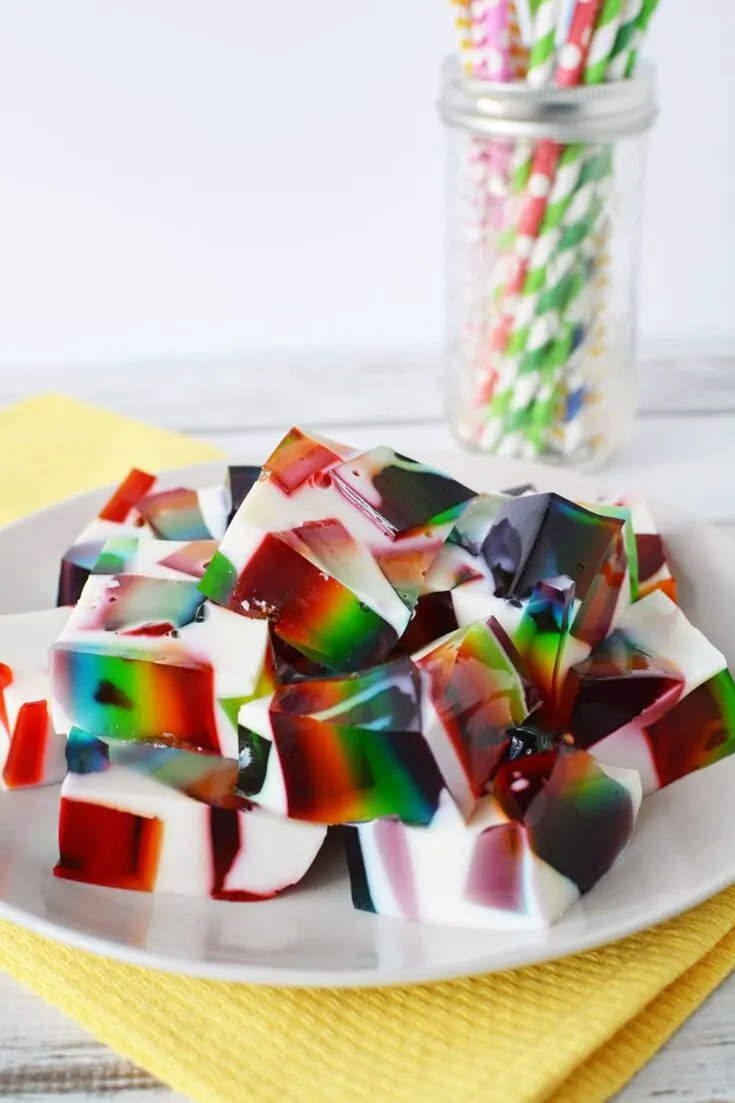 rainbow jello cubes on a plate