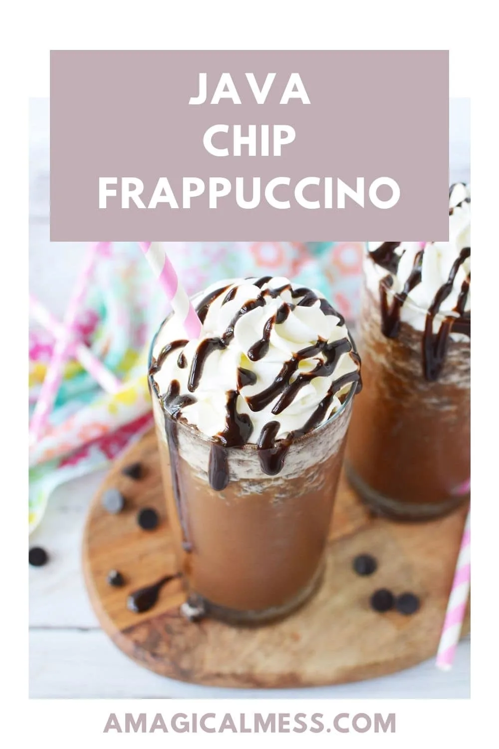 Java chip frappuccino in a glass with chips around it
