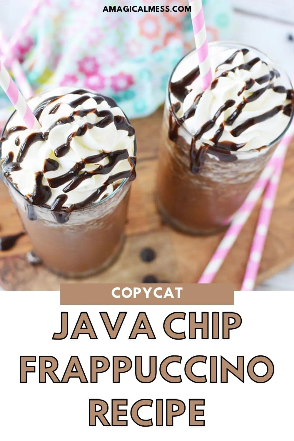 Java chip frappuccinos topped with whipped cream and syrup.