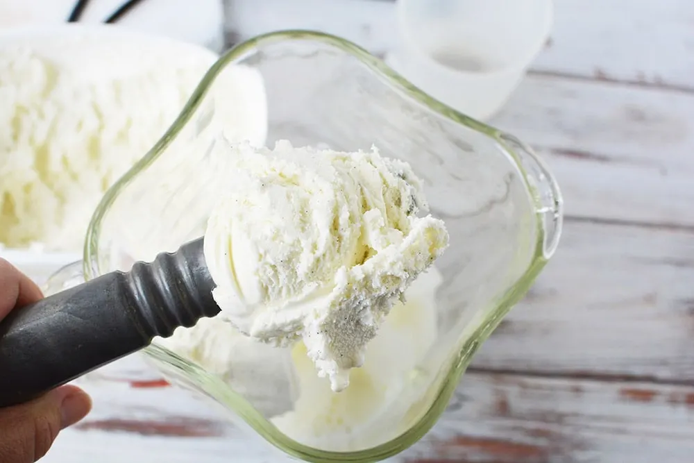 Scooping vanilla bean ice cream into a blender.