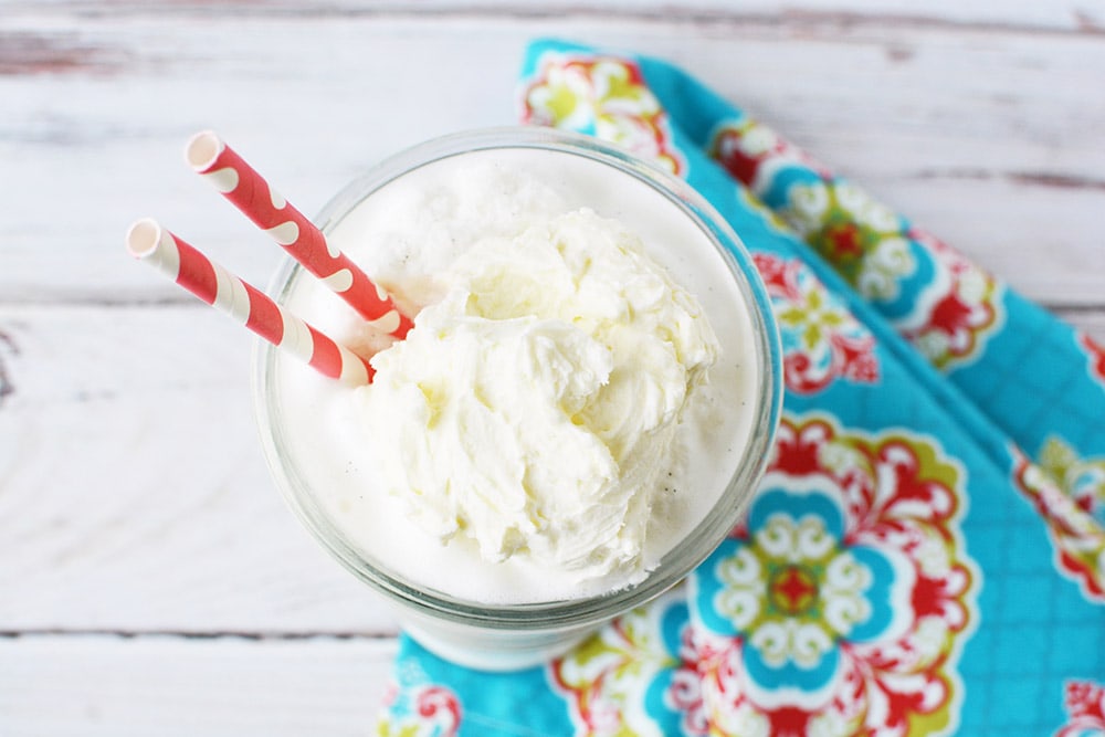 Vanilla bean frappuccino on a blue napkin.