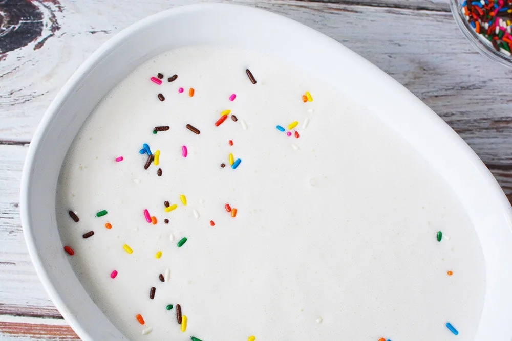 Sprinkles on top of ice cream mixture in dish.
