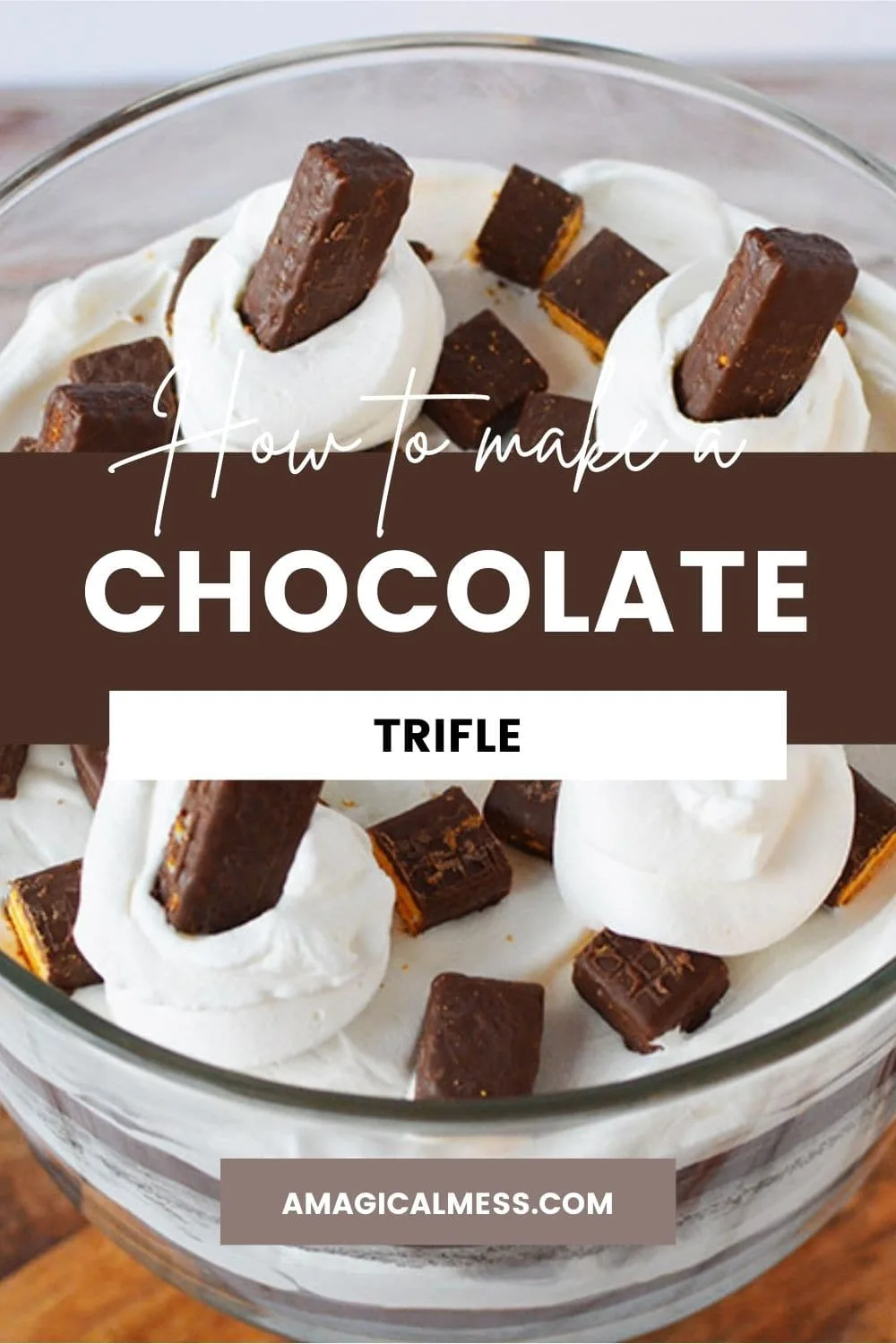 Fudge stick cookies in whipped cream topping a chocolate cake trifle