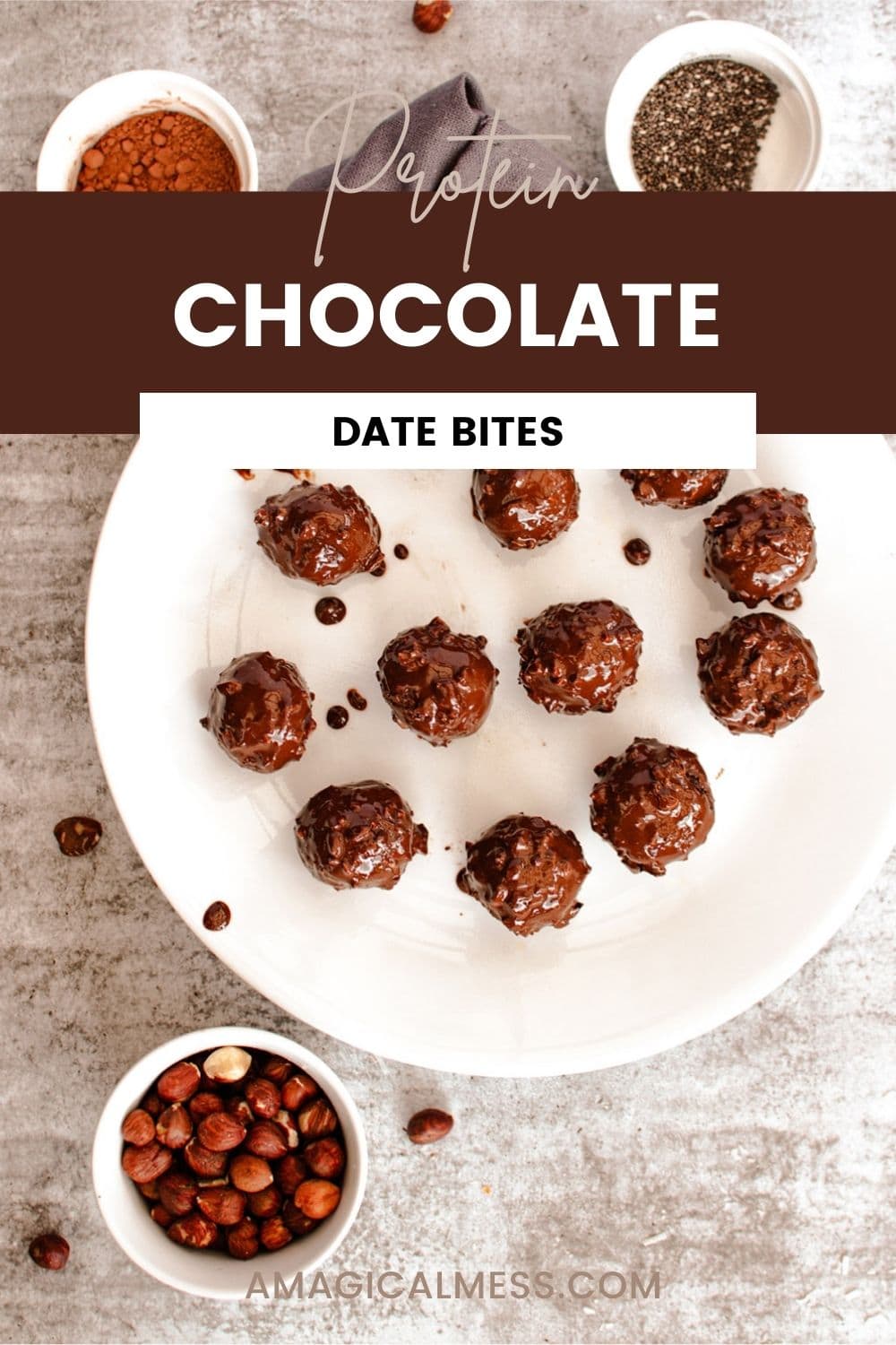 coconut balls with dates on a plate with ingredients in bowls