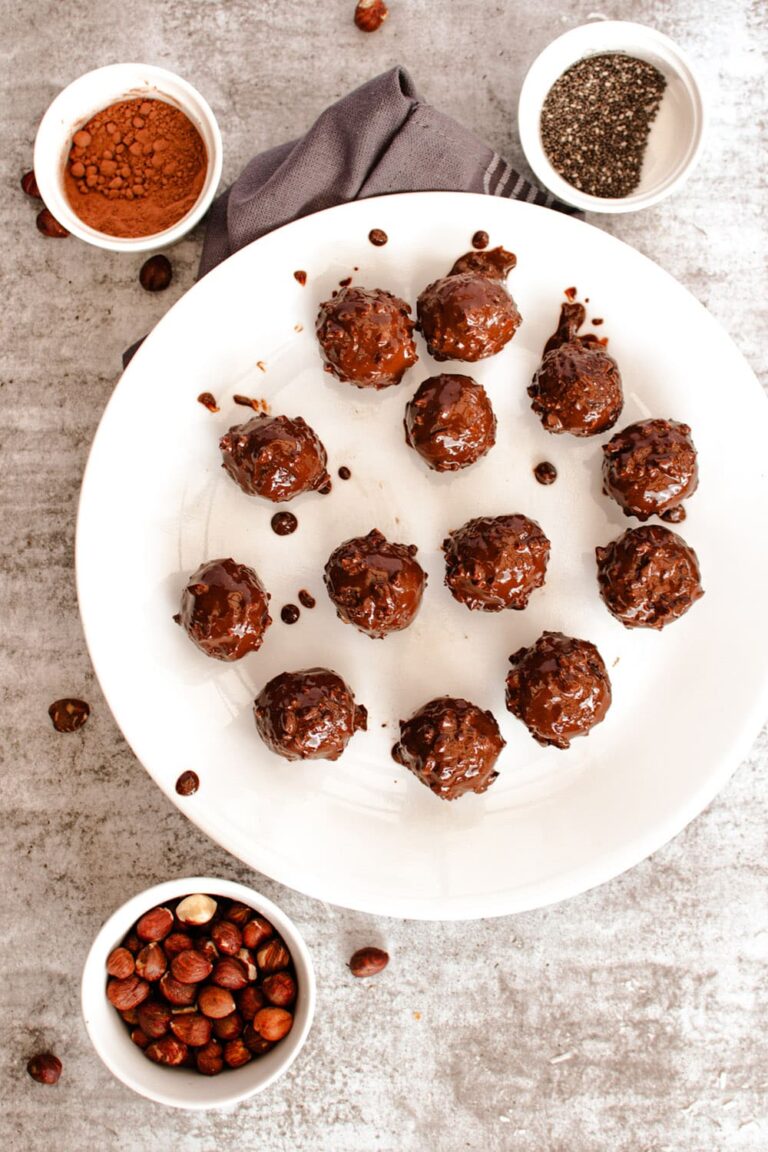 overhead shot of date energy balls on a plate