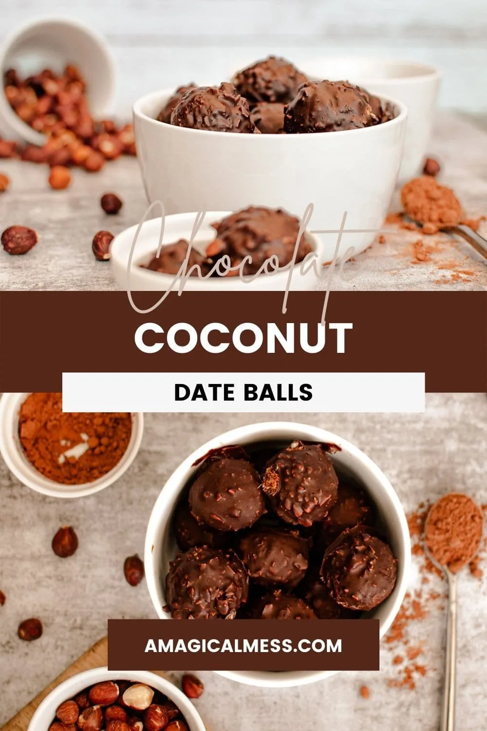 date balls in a bowl and overhead shot of date energy bites with ingredients around