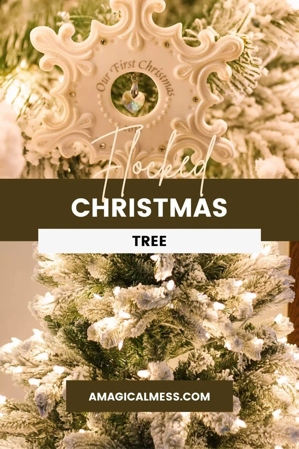 images of a lit snow covered christmas tree with ornaments