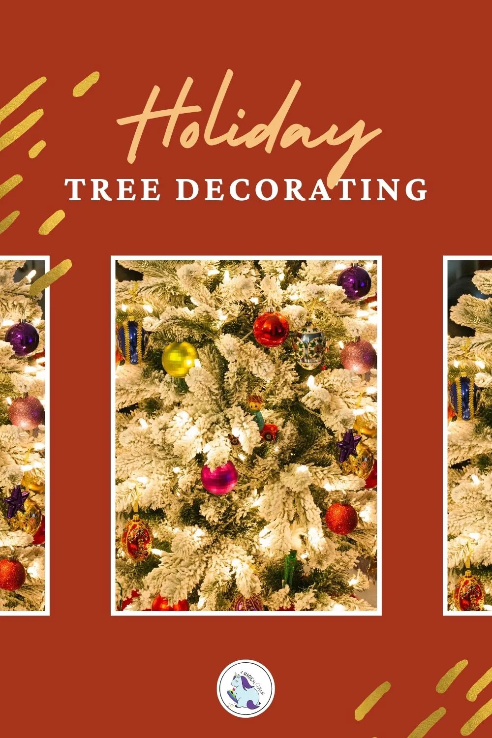 images of a flocked christmas tree with ornaments