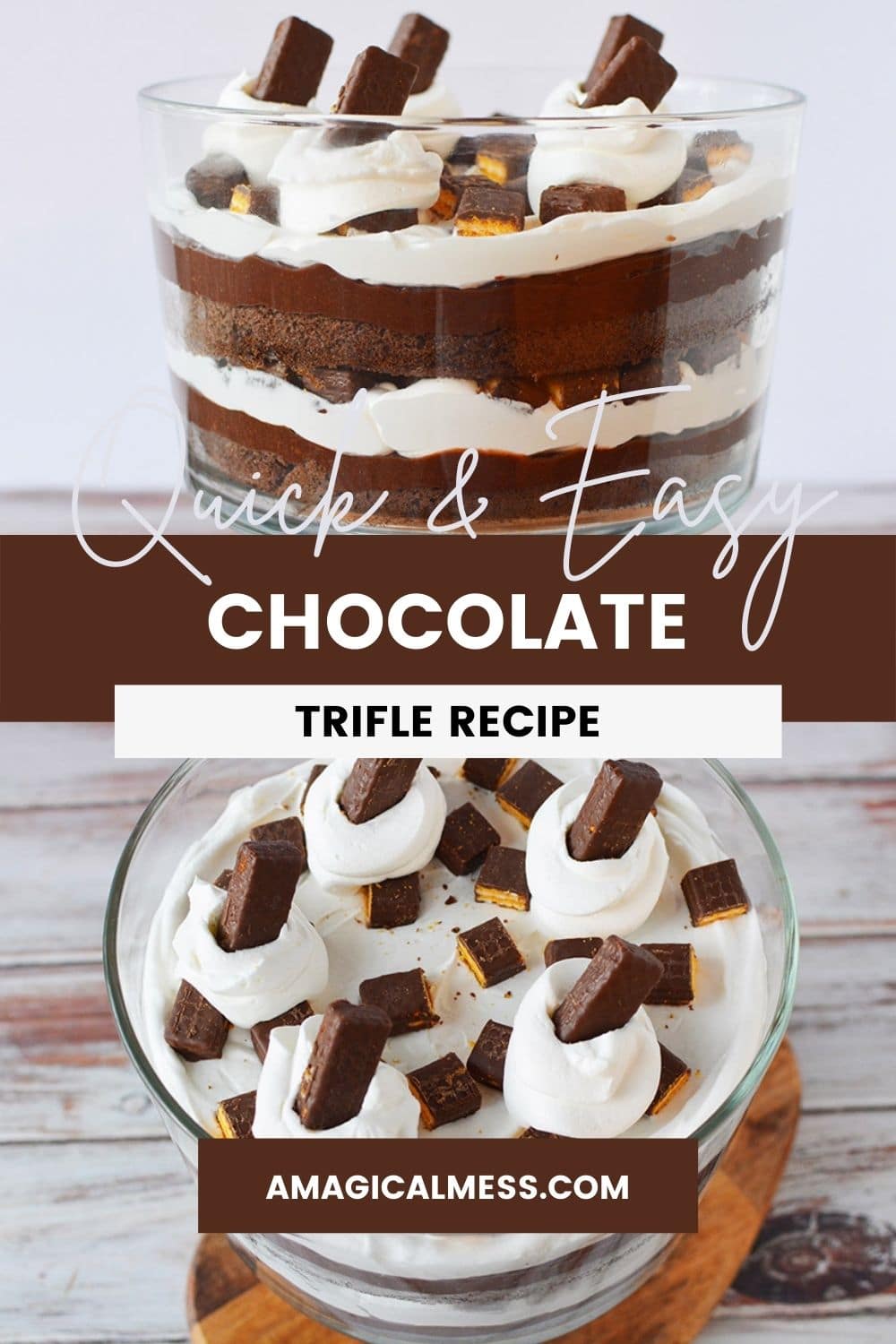 Chocolate trifle in a trifle bowl with layers of cake, whipped cream, cookies, and pudding