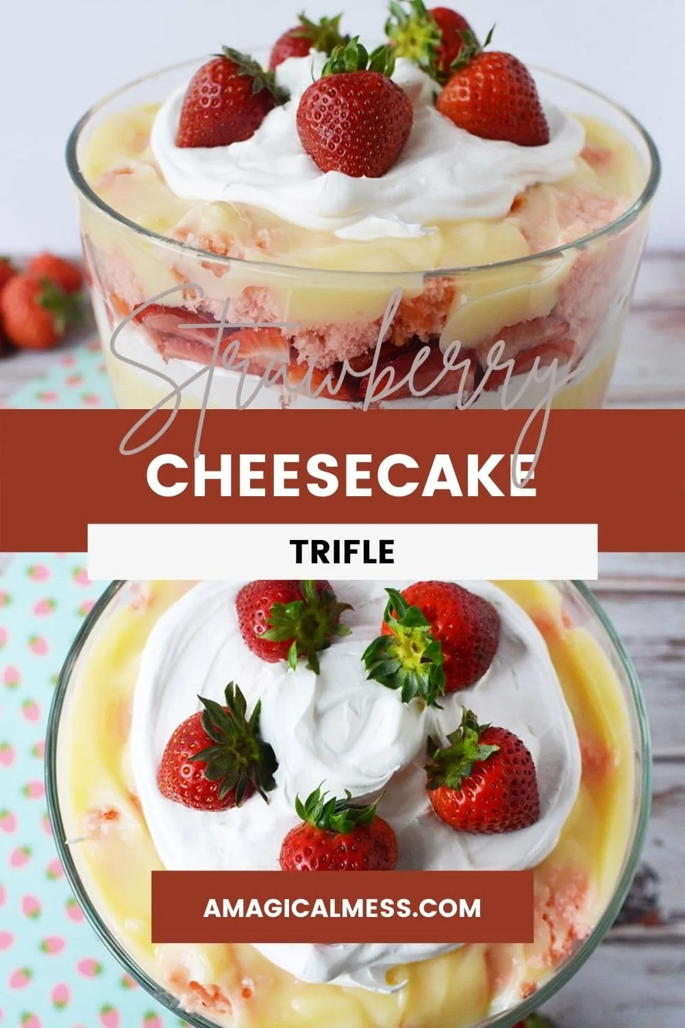 Images of a strawberry cheesecake trifle in a bowl.