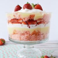 finished strawberry cheese cake trifle in a trifle bowl