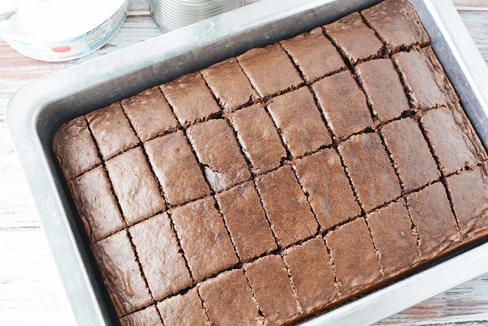 Sliced chocolate cake in a pan.