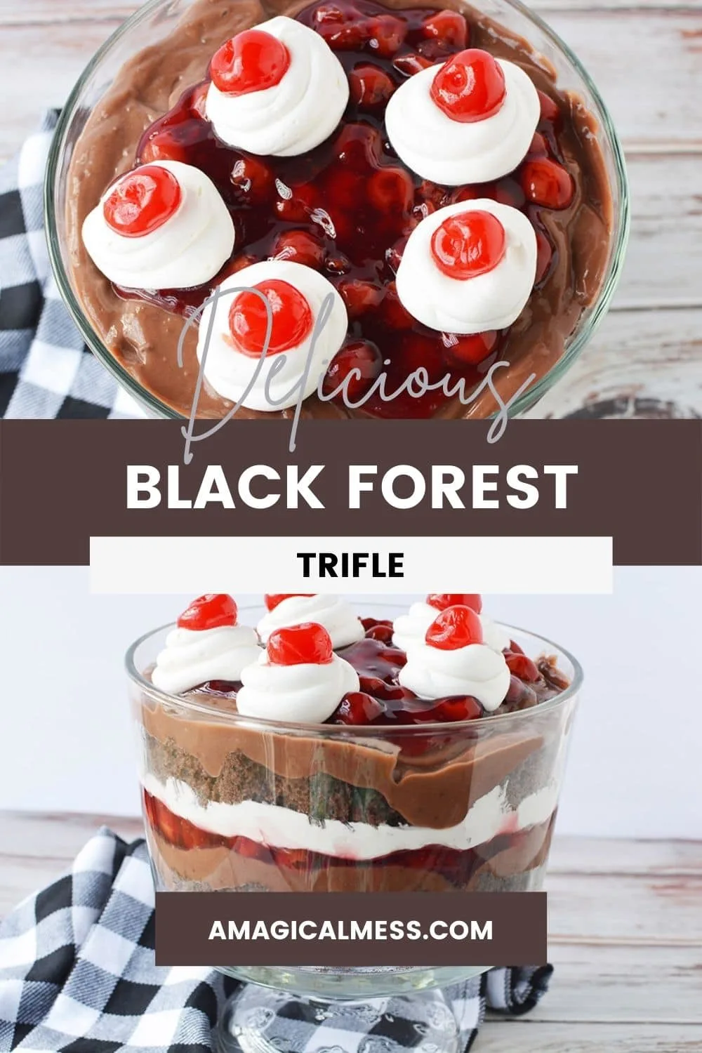 Top of a trifle topped with cherries and black forest trifle in a bowl.