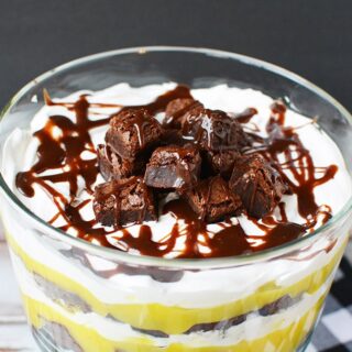 Brownie trifle in a dish on a table