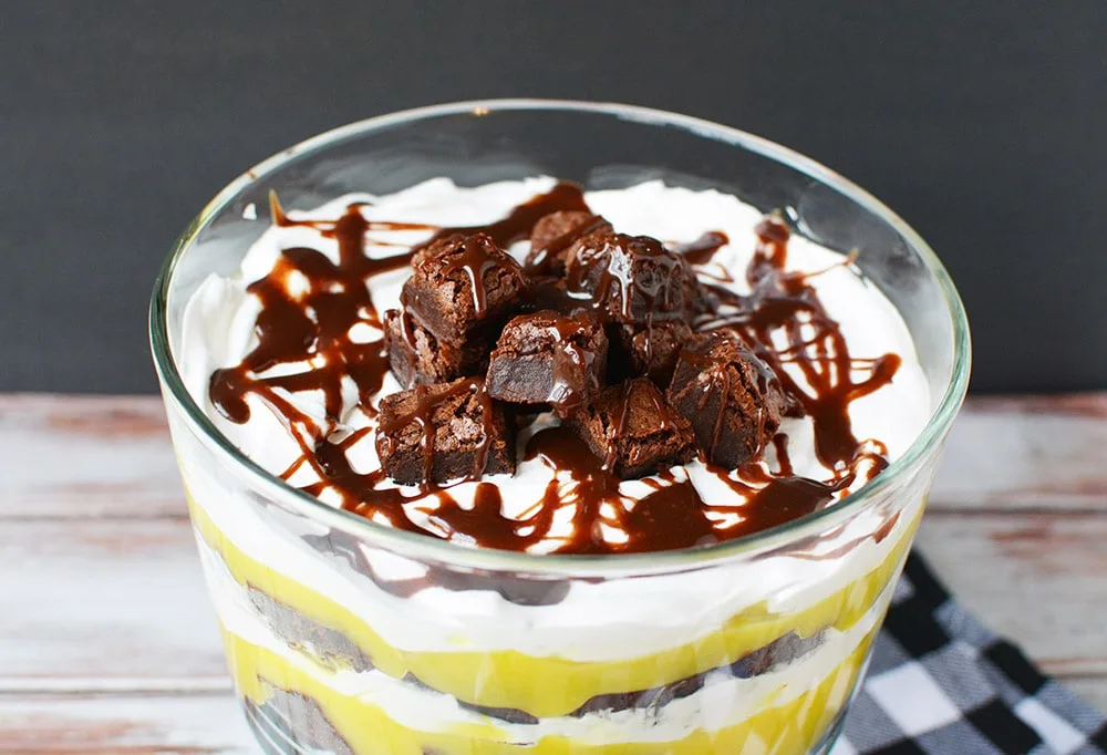 Brownie trifle in a dish on a table. 