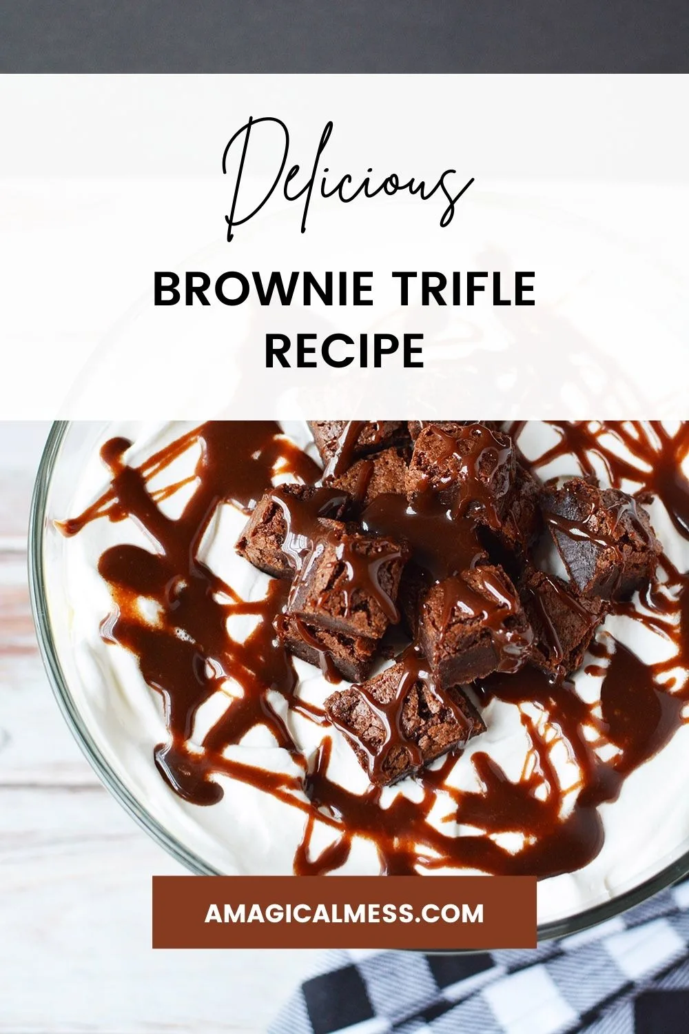 Top of a brownie trifle with hot fudge.