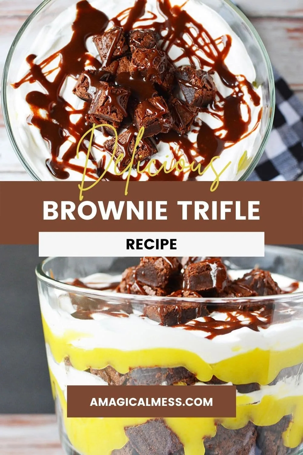 Top of a brownie trifle and a side view to see the layers of pudding, brownies, and whipped cream.
