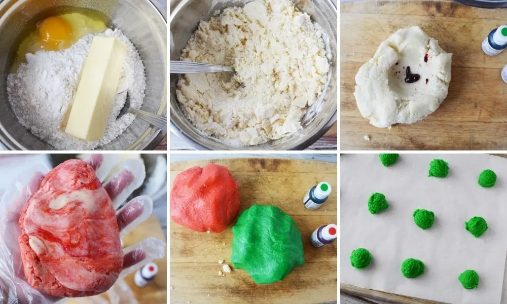 Steps to make red and green sugar cookies.