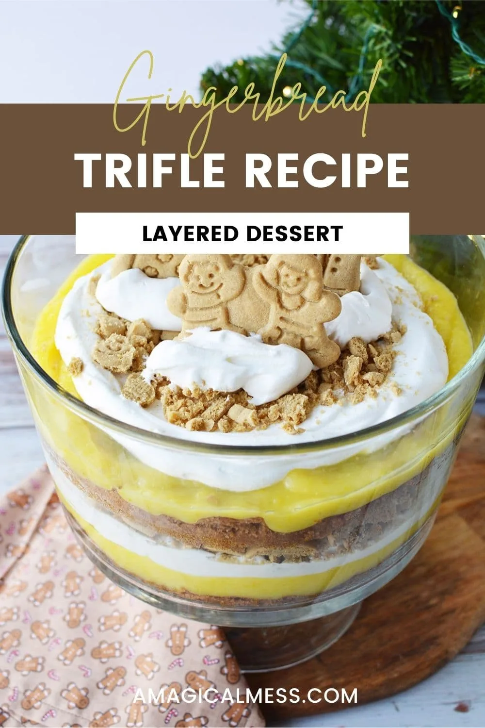 Gingerbread family cookies on top of a spice cake layered trifle.