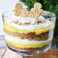 Gingerbread trifle with a Christmas tree on the table.