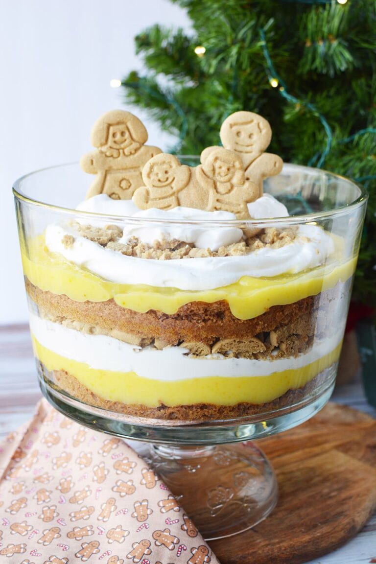 Gingerbread trifle with a Christmas tree on the table.