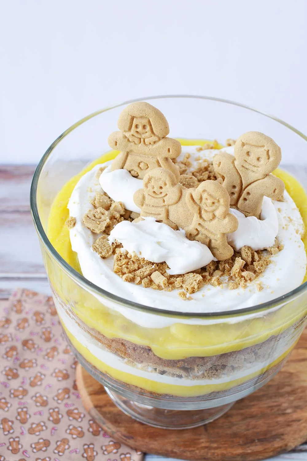 Gingerbread man trifle on a table.