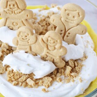 Gingerbread cookies on top of a pudding dessert.