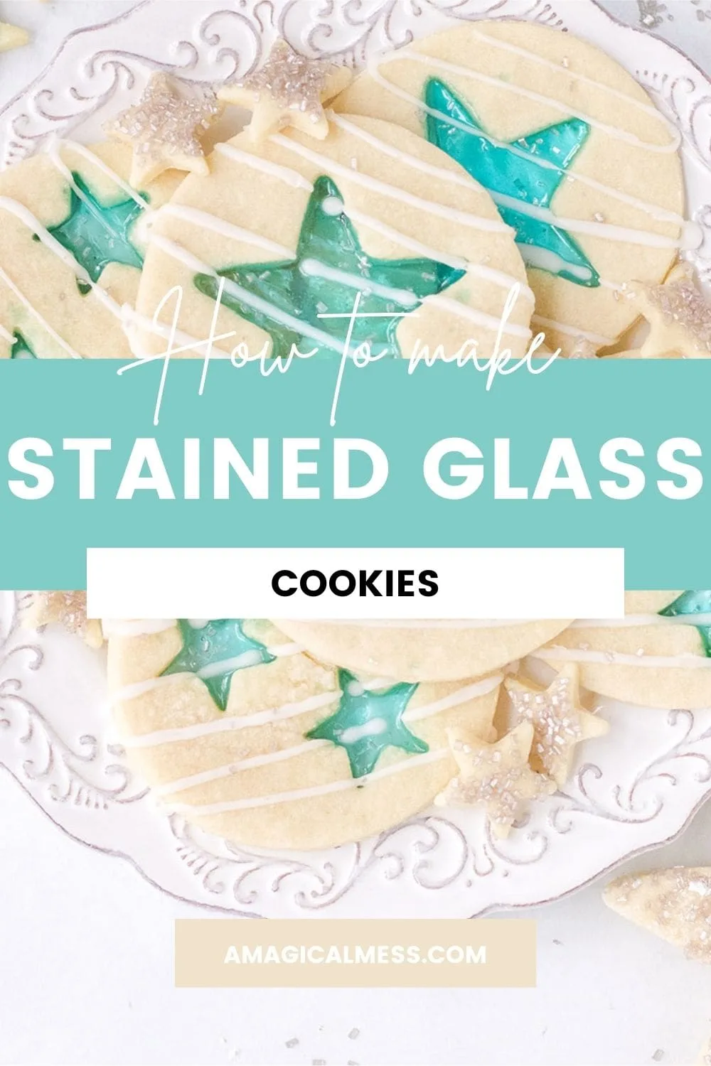 Blue star stained-glass cookies on a white plate