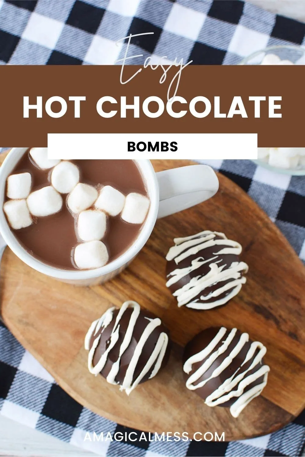 Hot chocolate bombs next to a mug of hot chocolate with marshmallows.