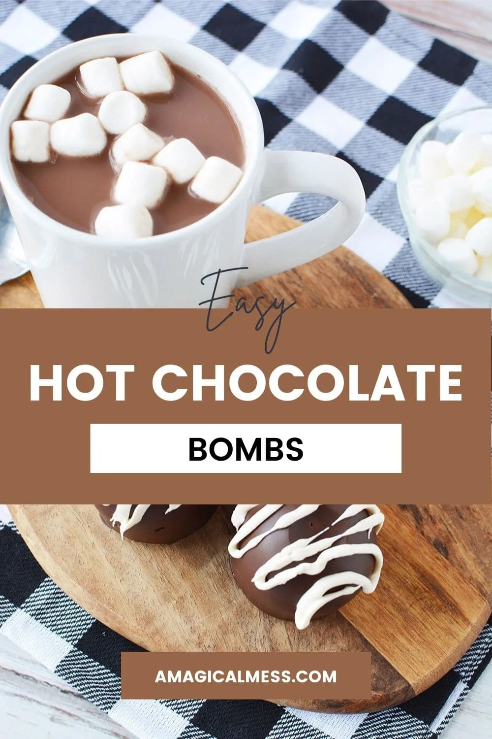 Mug full of hot cocoa next to hot chocolate bombs on a board.