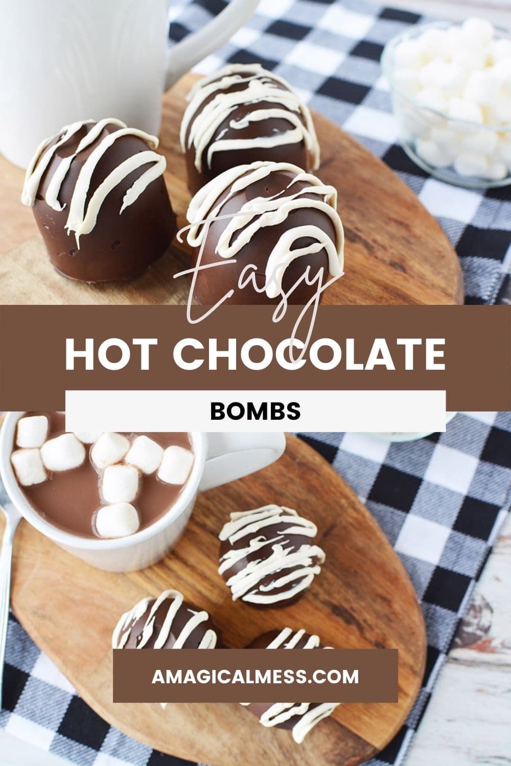 Hot chocolate bombs on a board and a mug full of hot cocoa topped with marshmallows.