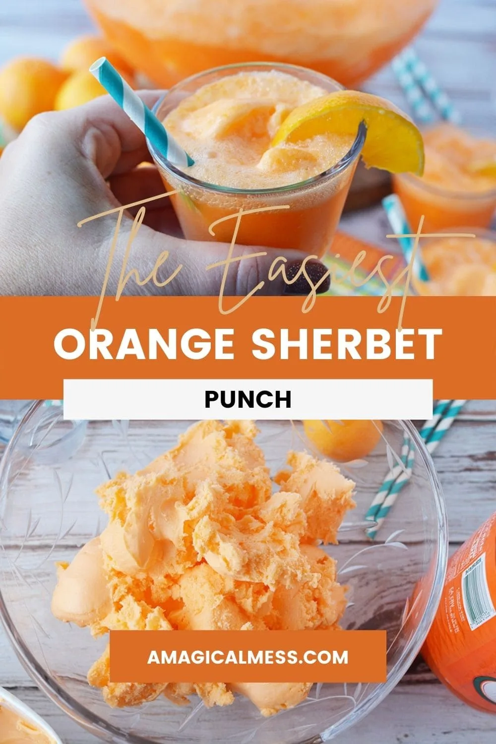Holding a glass of orange punch and bowl full of orange sherbet.