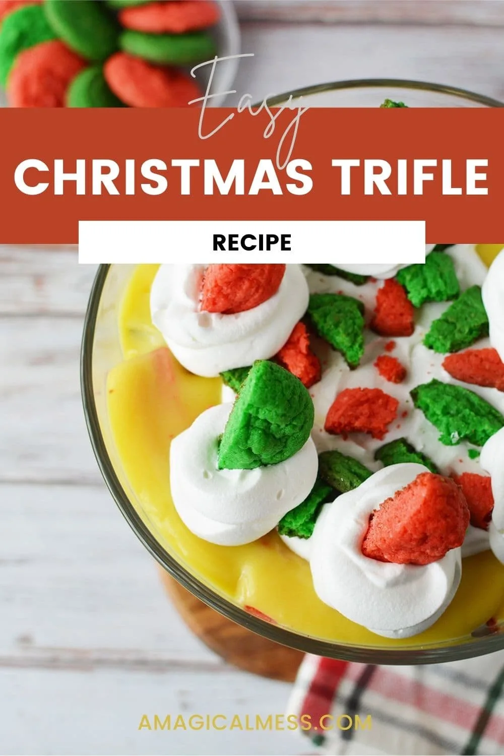Christmas trifle with red and green cookies on top.