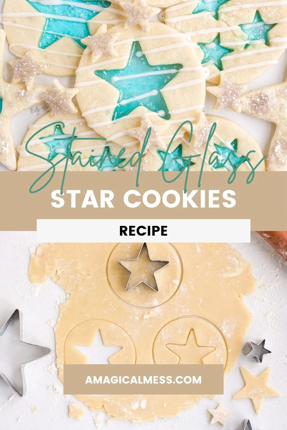 Cookie dough and baked stained-glass cookies with stars