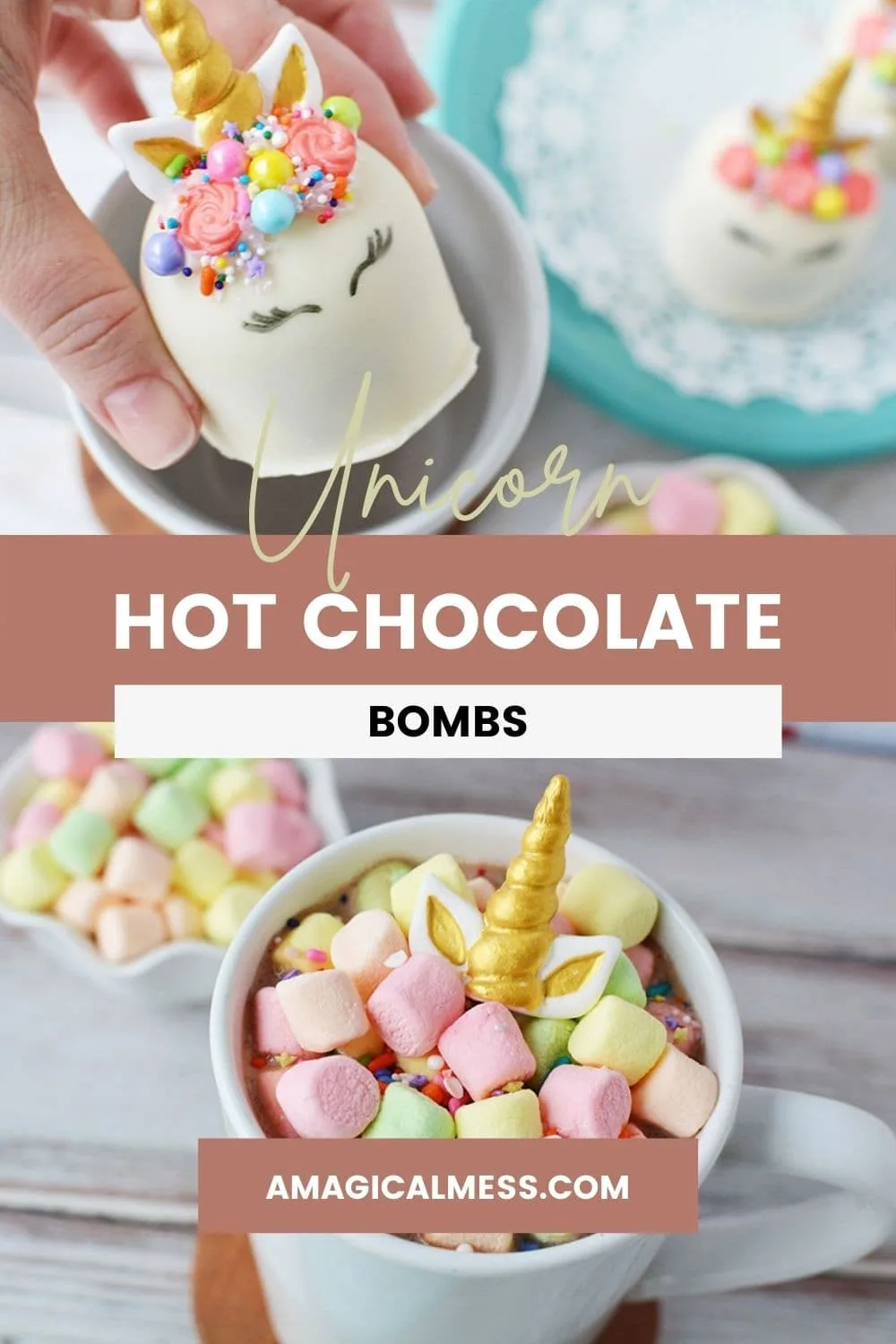 Dropping a unicorn hot chocolate bomb into a mug and finished unicorn hot chocolate in a mug.