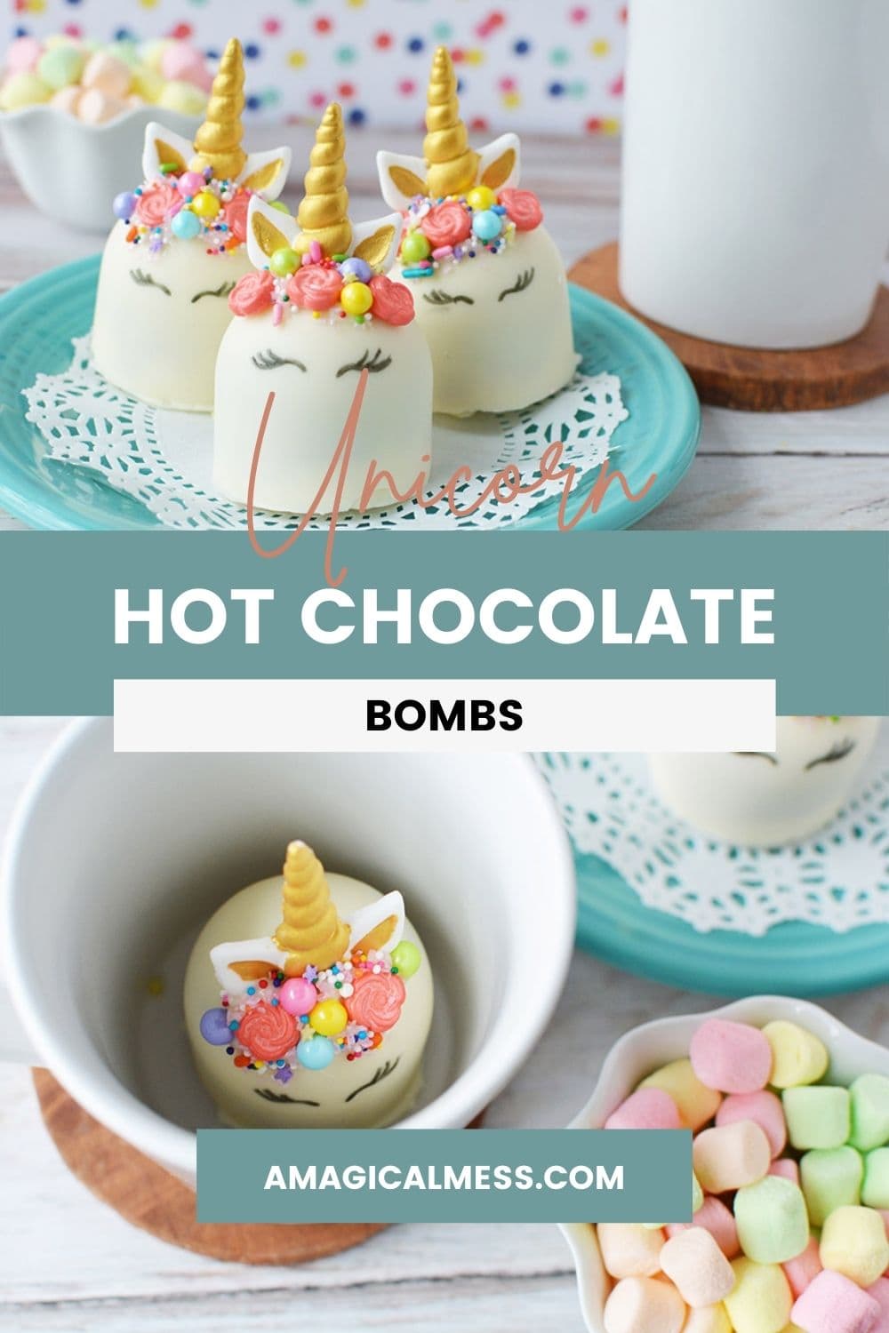 Unicorn hot chocolate bombs on a plate and one in a mug ready to use.