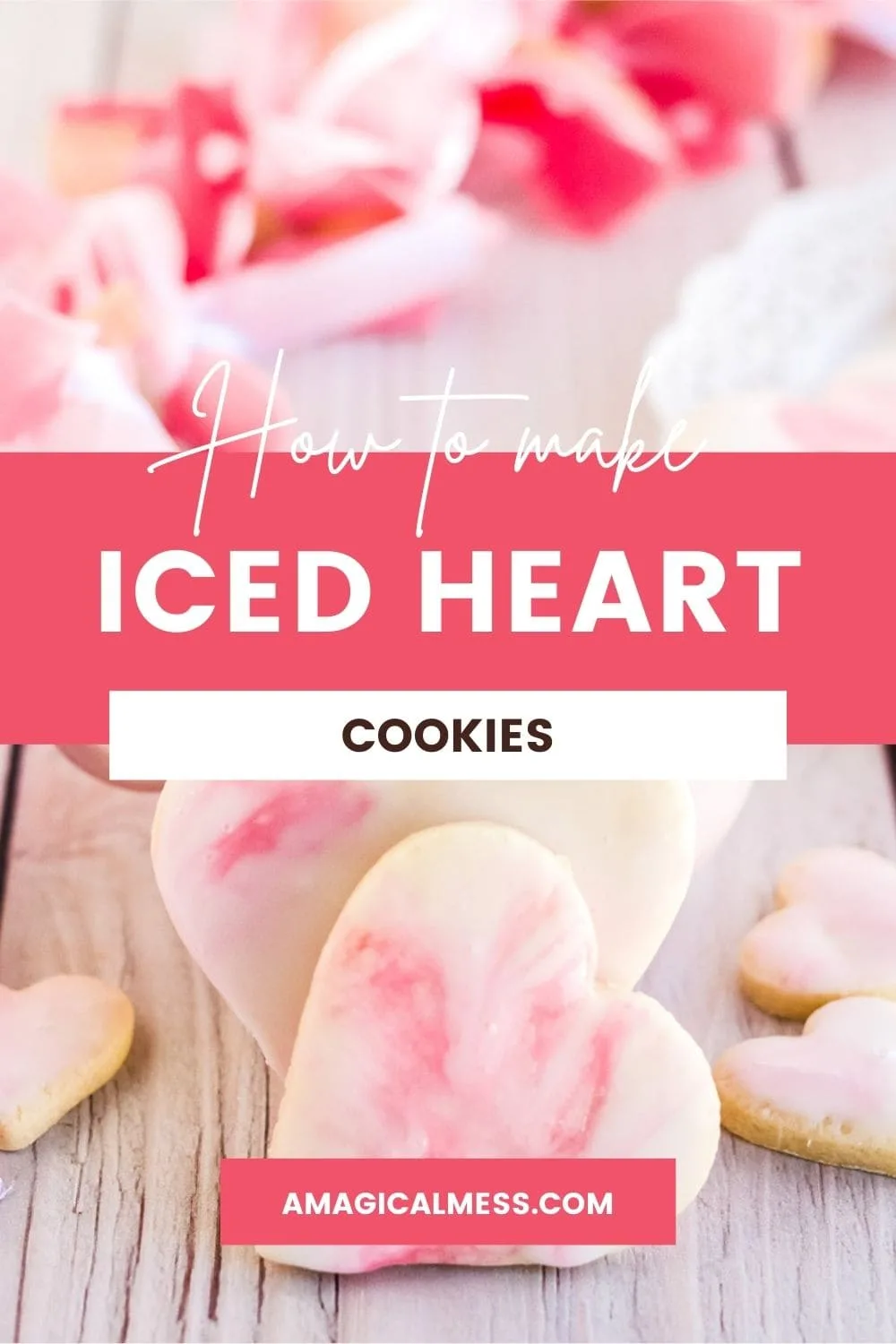 Heart cookies with icing on a table with pink flower petals.