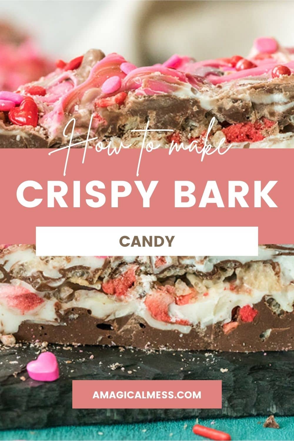 Layers of crispy bark candy stacked on a board.