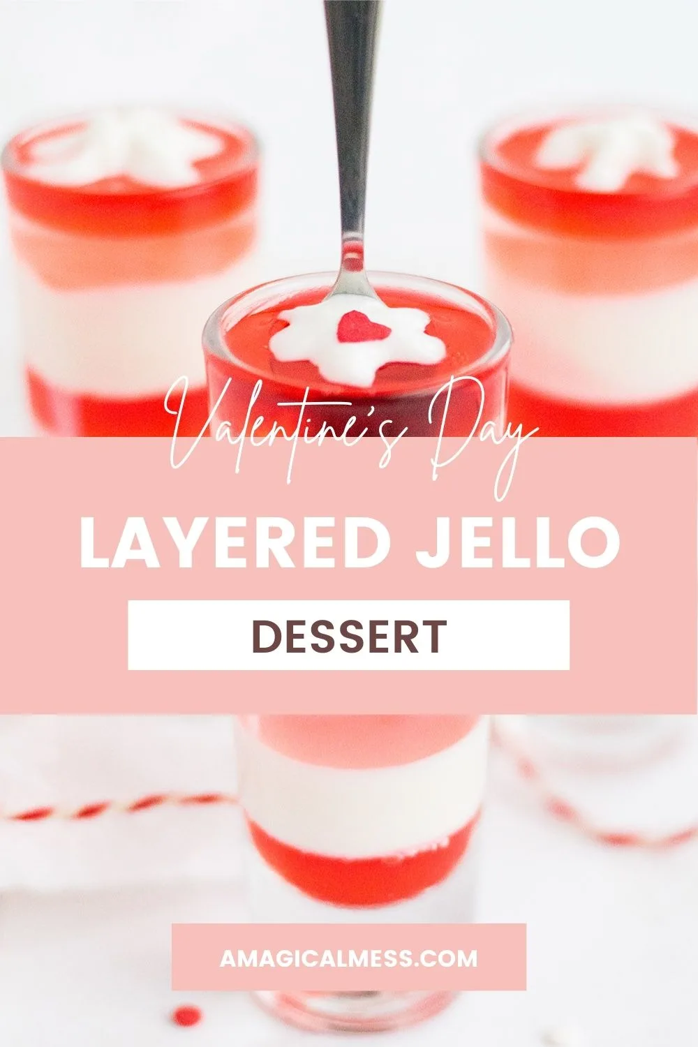 Red, white, and pink jello layered into thin glasses.