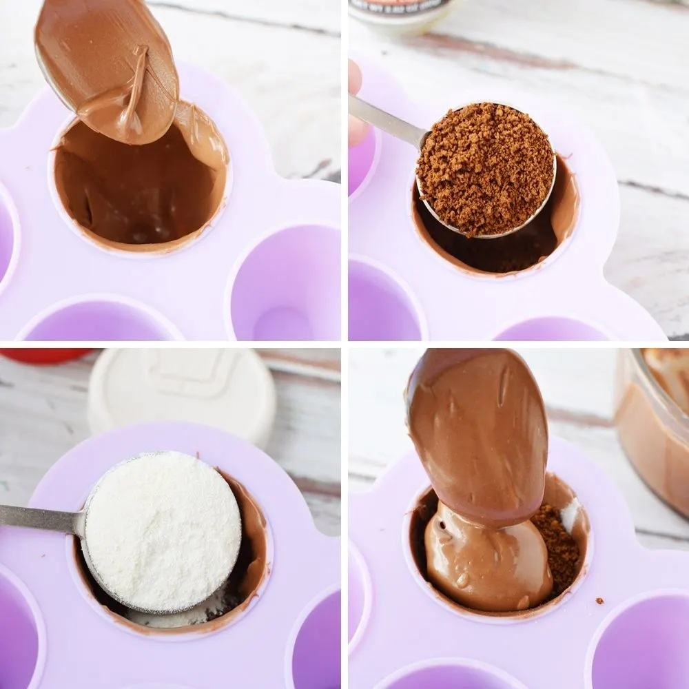 Filling a silicone mold with chocolate and instant coffee and creamer. 