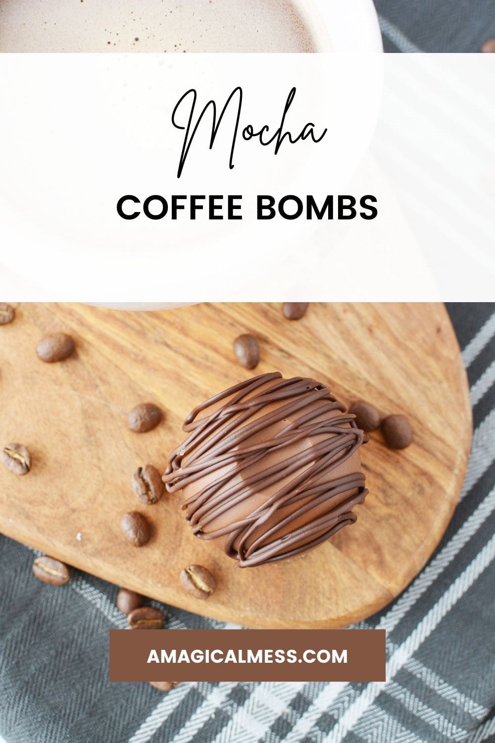 Brown candy coffee bomb sitting on a board with coffee beans.