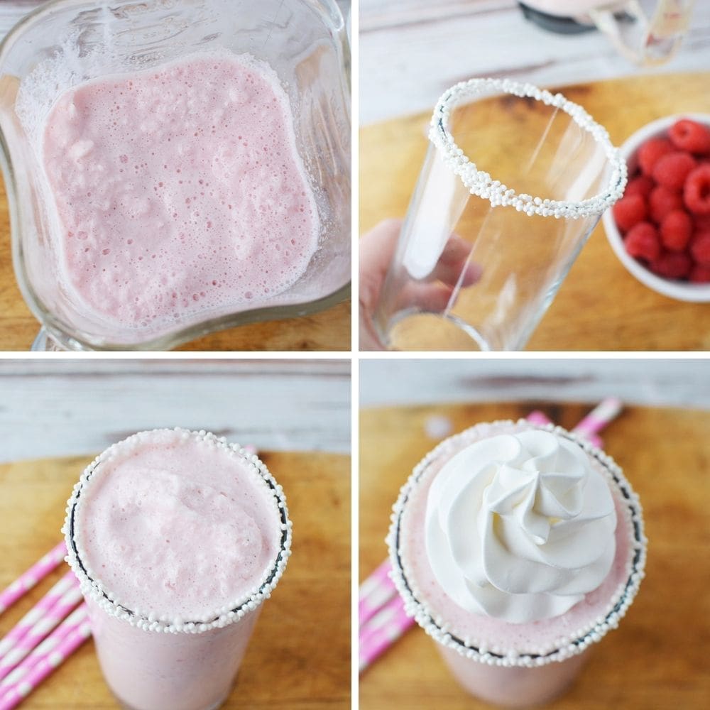 Raspberry drink blended in a blender and in a glass with a whipped cream topping.