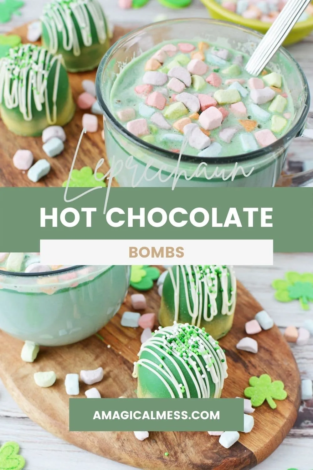 Green hot chocolate with marshmallows and green hot chocolate bombs on a board.