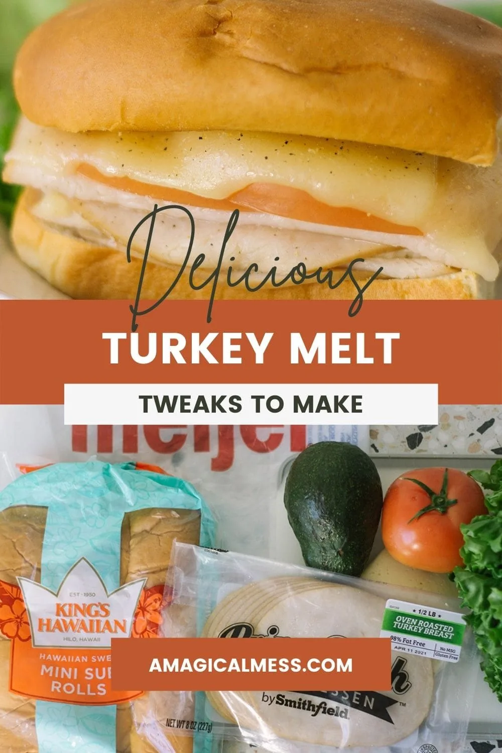 Turkey sub melt on a plate with ingredients lined up on a table.