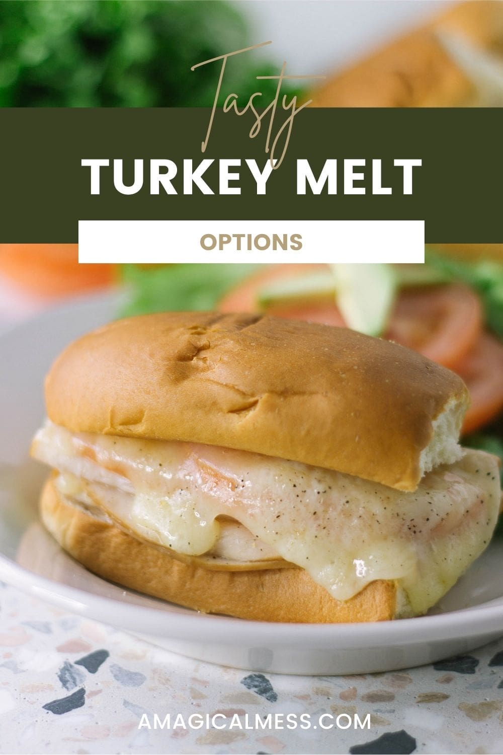 Turkey melt with melted cheese on a plate. 