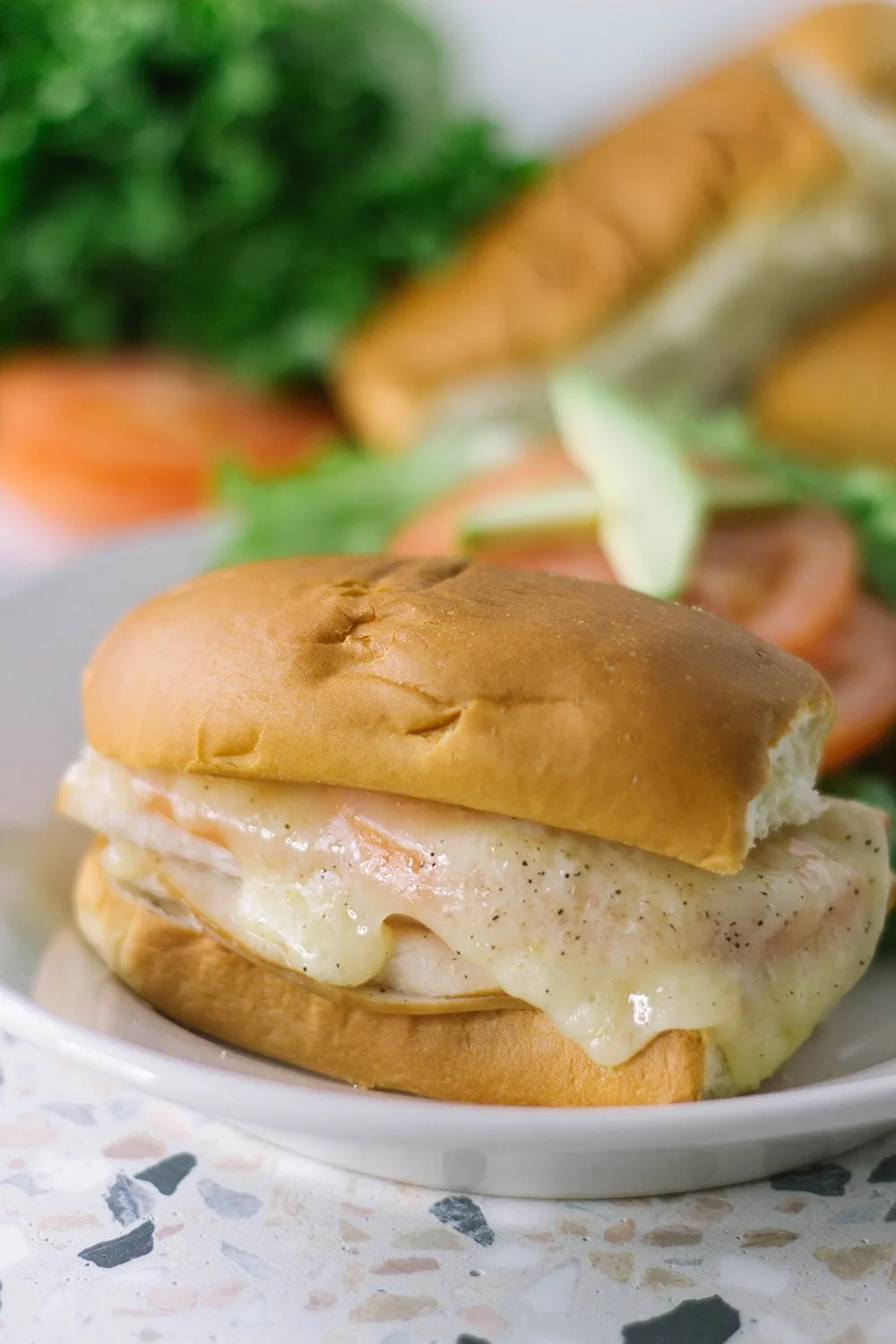 Turkey sub melt on a plate with toppings in the back. 